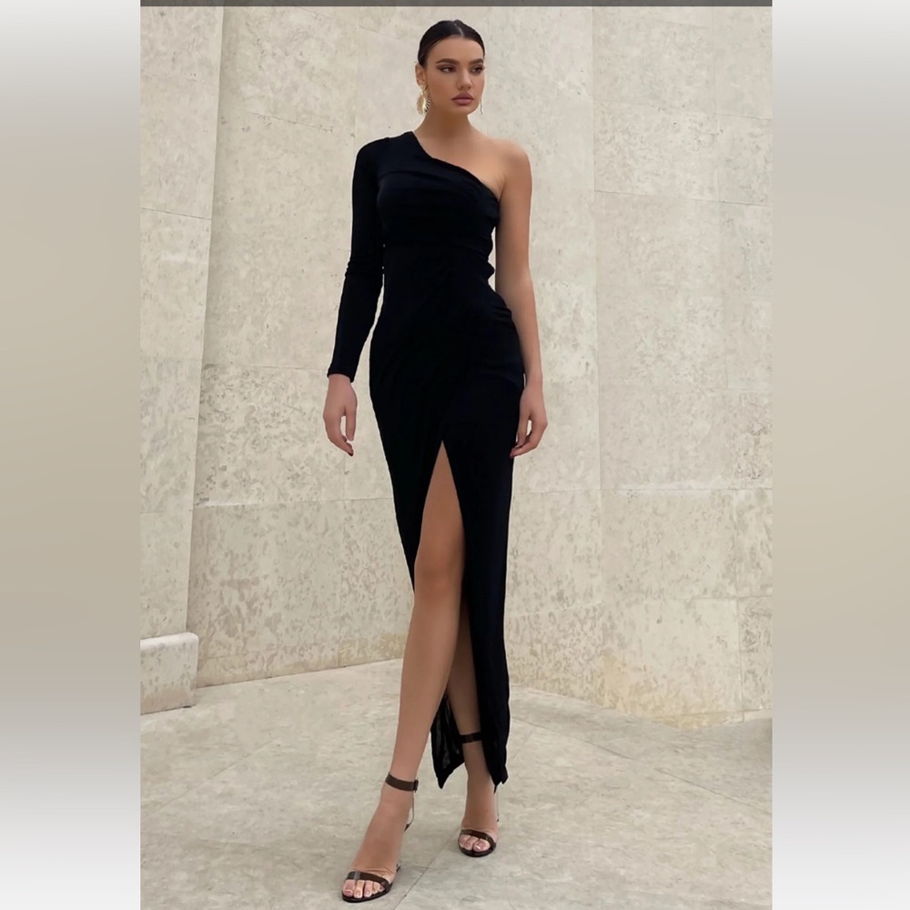 Fashion nova one sleeve fine design slinky maxi dress